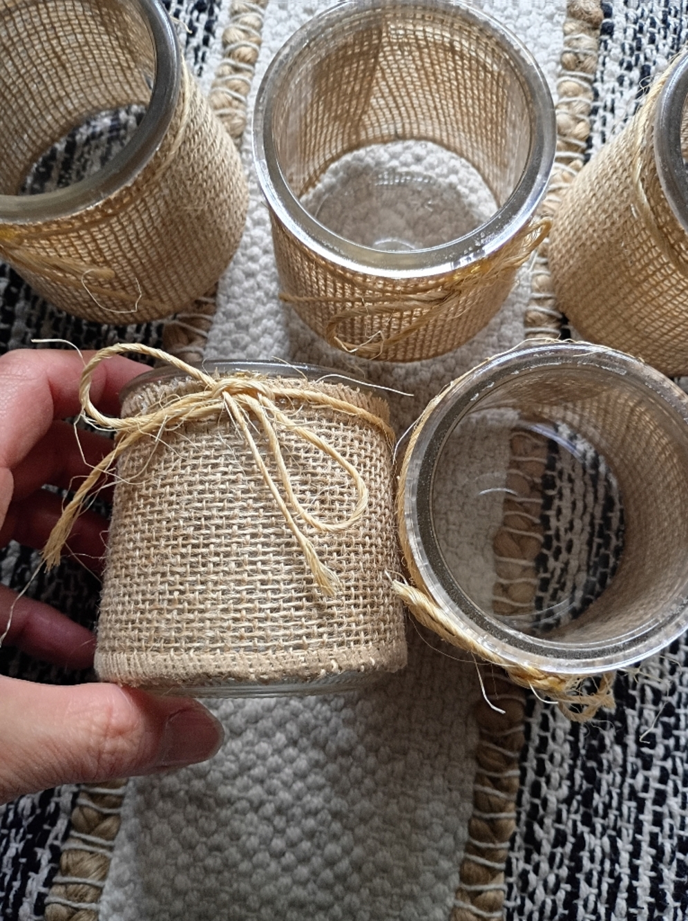 Set of Burlap-Wrapped Glass Votive Holders - Natural Set Of 5